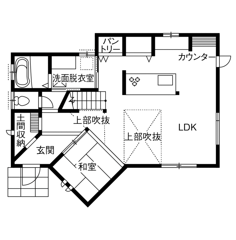 木のすまい工房 【2000万円台｜33坪｜吹き抜け｜和モダン】和と洋の調和。自然素材で建てるカフェ風の住まい＜間取り図有＞の間取り図（3LDK+WIC+納戸）1階