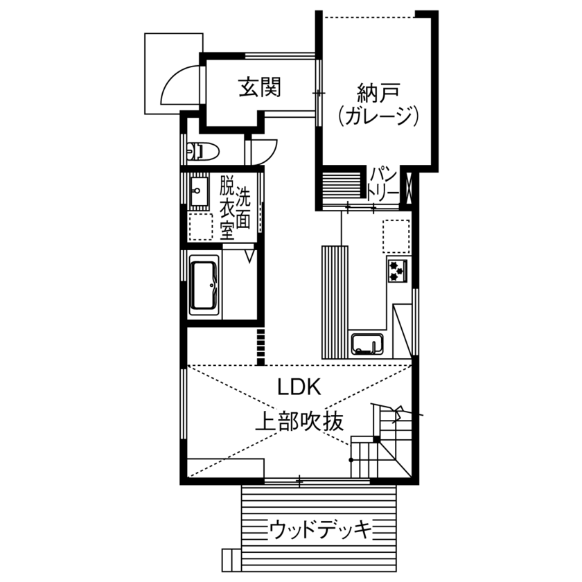 木のすまい工房 【2000万円台｜約30坪｜ビルトインガレージ】吹き抜けが心地よい、ペットと暮らすカフェ風の家＜間取図有＞の間取り図（2LDK+ガレージ+納戸）1階