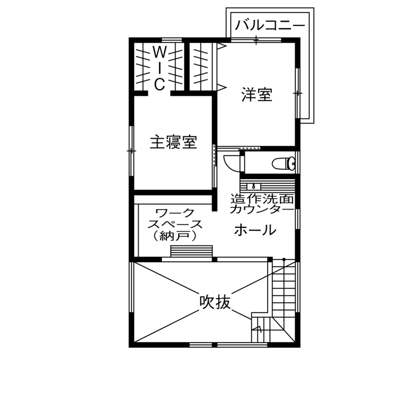 木のすまい工房 【2000万円台｜約30坪｜ビルトインガレージ】吹き抜けが心地よい、ペットと暮らすカフェ風の家＜間取図有＞の間取り図（2LDK+ガレージ+納戸）2階
