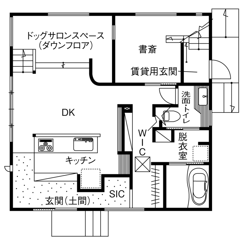 木のすまい工房 【2000万円台／ペット／賃貸併用／間取図有】飼い主とペットの関係を叶えた「ドッグサロン＆賃貸併用住宅」の間取り図（1LDK+賃貸部分）1階