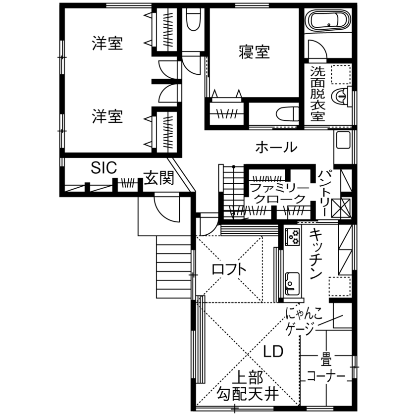 木のすまい工房 【2000万円台／平屋／ペット／自然素材／間取図有】愛猫と穏やかに暮らす明るい木の平屋の間取り図（2LDK＋ロフト）1階