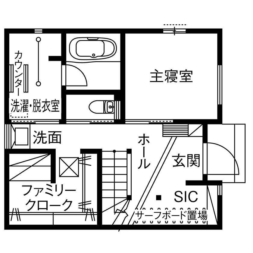 木のすまい工房 【2000万円台／2階リビング／間取図】溢れる光と開放感が嬉しい！敷地面積30.6坪に自然素材が心地いい家をの間取り図（2LDK+FCL+ロフト）1階