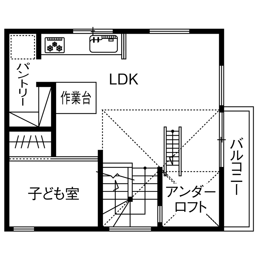 木のすまい工房 【2000万円台／2階リビング／間取図】溢れる光と開放感が嬉しい！敷地面積30.6坪に自然素材が心地いい家をの間取り図（2LDK+FCL+ロフト）2階