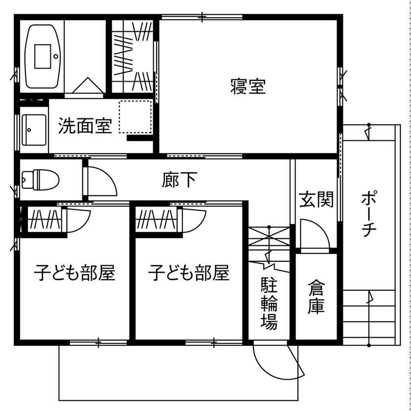 木のすまい工房 【2000万円台／狭小／ロフト／2階リビング／間取図】「22坪でも大丈夫!」。広さを感じ明るく開放的な木の家の間取り図（3LDK＋ロフト）1階