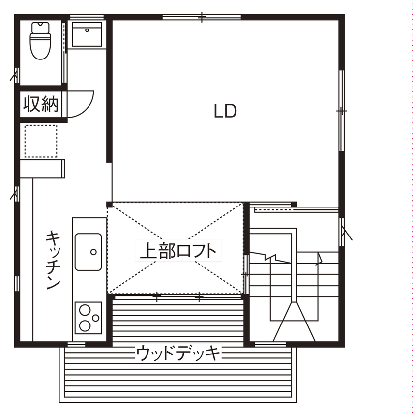 木のすまい工房 【2000万円台／狭小／ロフト／2階リビング／間取図】「22坪でも大丈夫!」。広さを感じ明るく開放的な木の家の間取り図（3LDK＋ロフト）2階