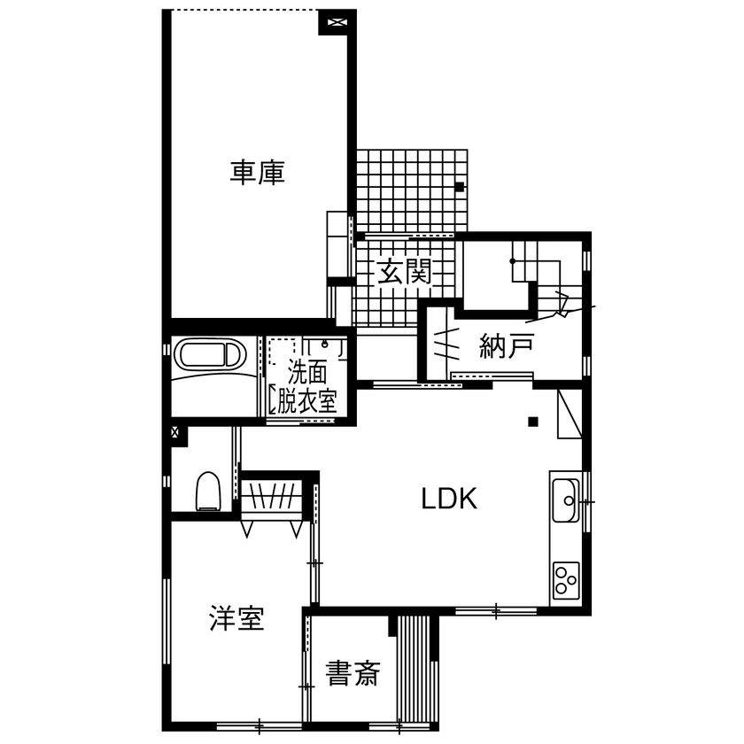 木のすまい工房 【5000万円台／ビルトインガレージ／インナーテラス／間取図】完全自由設計で叶えた3階建て二世帯住宅の間取り図（1LDK+書斎+4LDK+WIC）1階