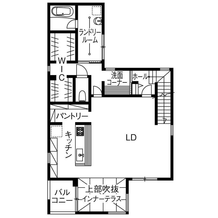 木のすまい工房 【5000万円台／ビルトインガレージ／インナーテラス／間取図】完全自由設計で叶えた3階建て二世帯住宅の間取り図（1LDK+書斎+4LDK+WIC）2階