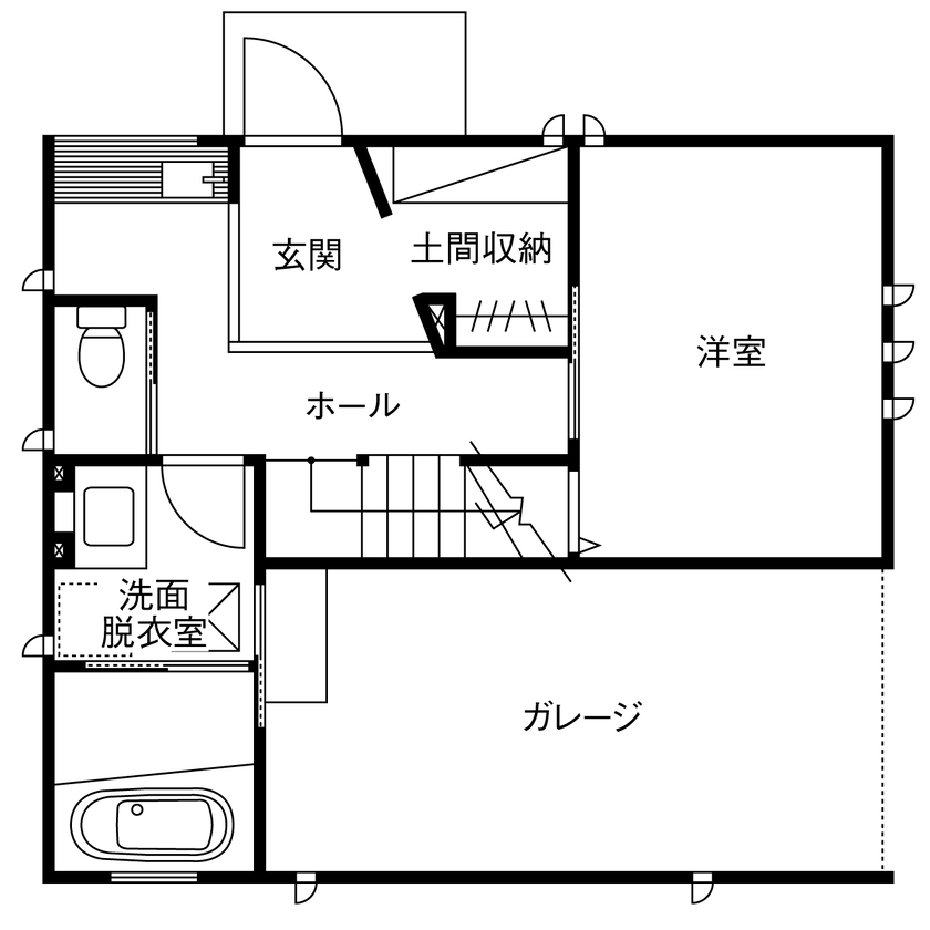 木のすまい工房 【3000万円台／狭小／3階建て／ビルトインガレージ／間取図】2階リビングはもちろん、家中を光が回るすまいの間取り図（3LDK）1階