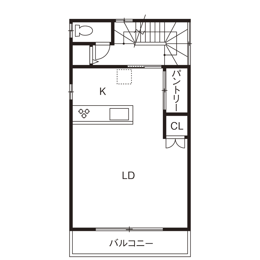 洛斗コーポレーション 【狭小地/3階建て/防音室】限られたスペースを活用し、音楽など趣味を楽しめるシックモダンな家づくりの間取り図（2LDK）2階