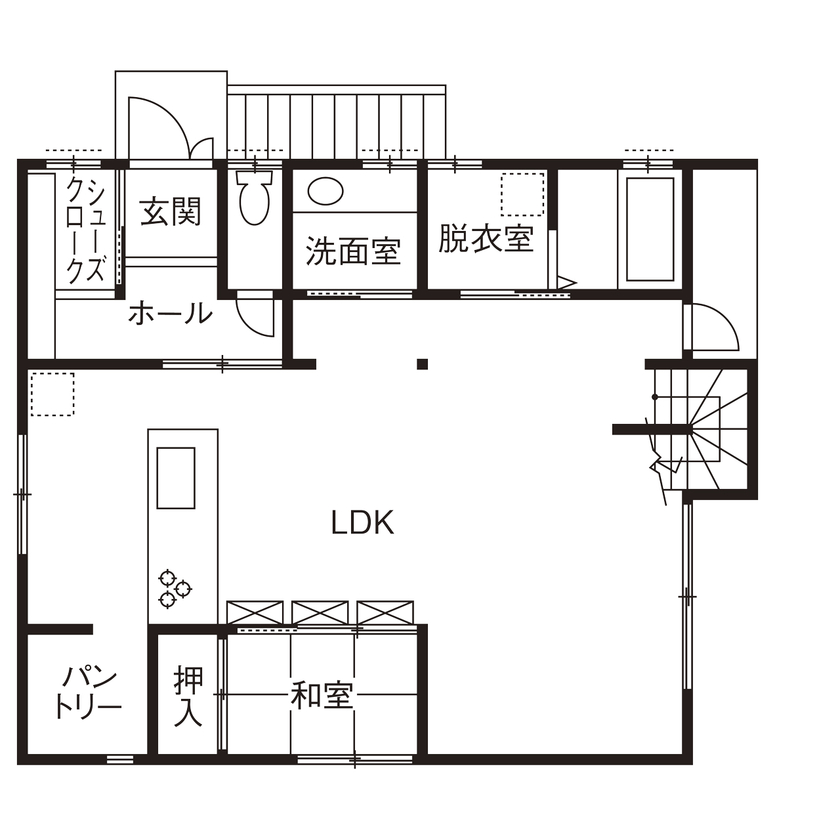 洛斗コーポレーション 【6人家族/子育て/家事ラク】暮らしやすい間取りや収納の工夫と、洗練されたデザインを両立させた住まいの間取り図（5K以上）1階