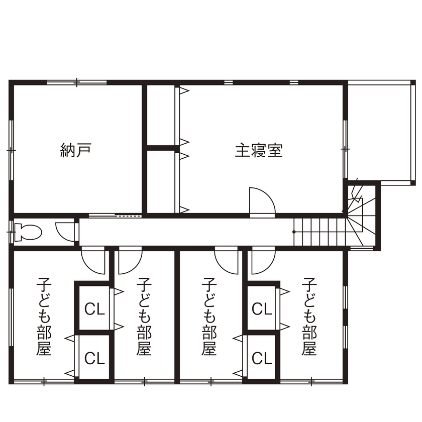 洛斗コーポレーション 【6人家族/子育て/家事ラク】暮らしやすい間取りや収納の工夫と、洗練されたデザインを両立させた住まいの間取り図（5K以上）2階