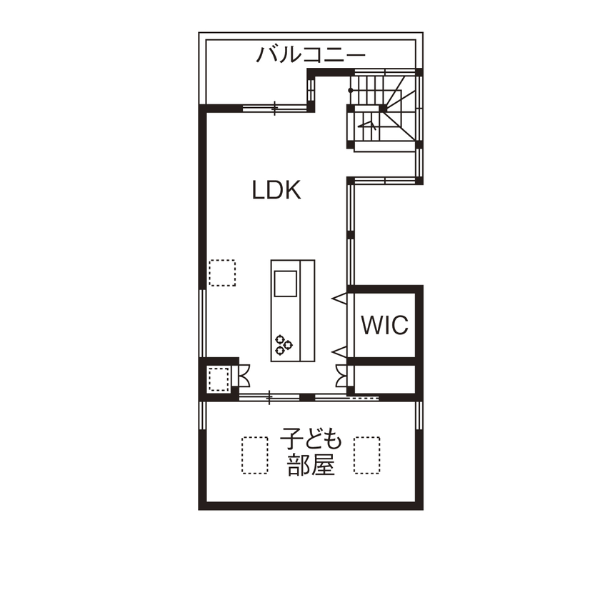 洛斗コーポレーション 【中庭/2階リビング/自然素材/子育て動線】北向き敷地でも光たっぷり。LDKに続く子ども部屋もポイントの間取り図（3LDK）2階