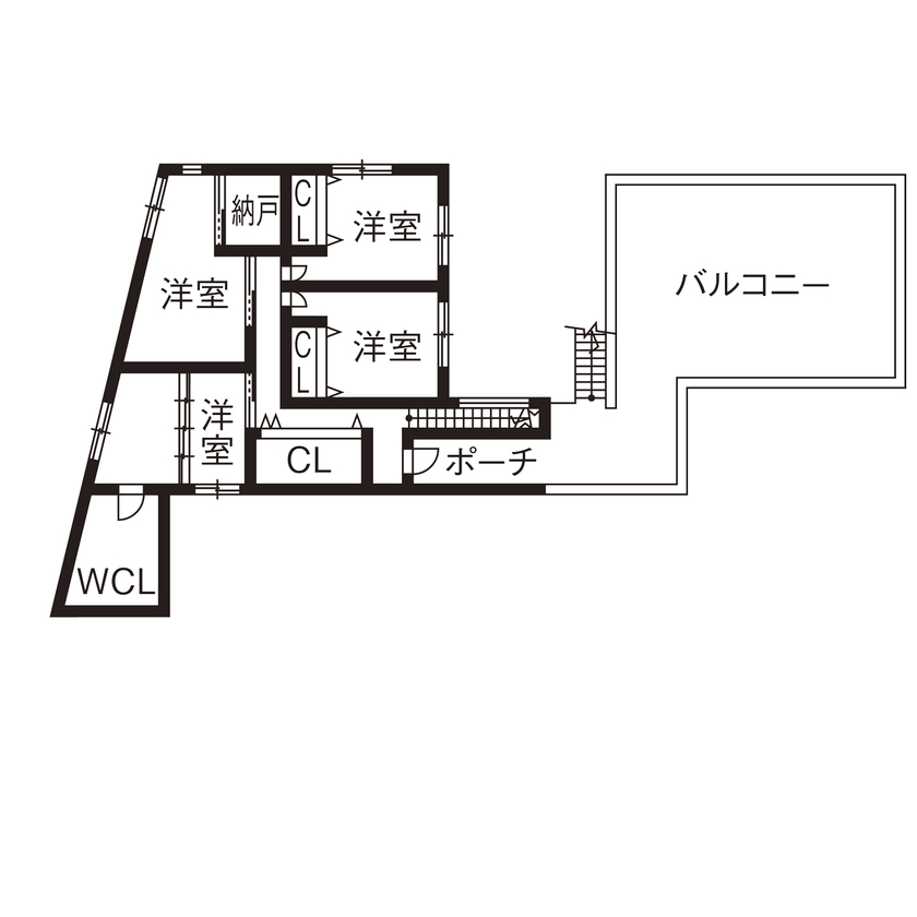 洛斗コーポレーション 【変形地/京都市/間取り図有】中庭を生かした2世帯住宅。部屋ごとに多彩なデザインで、家族も愛犬も快適にの間取り図（5LDK+1DK）2階