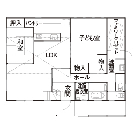 ヴィーヴル 【平屋×ドライウォール工法×5人で暮らす】輸入住宅がモチーフ、愛着が深まる自然素材の平屋の間取り図（2LDK）1階
