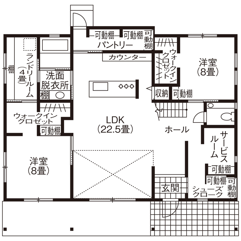 ヴィーヴル 【3000万円台×ドライウォール×3人で暮らす×間取り図】開放感とロフトが楽しいアメリカンな平屋の間取り図（2LDK＋ロフト2部屋）1階