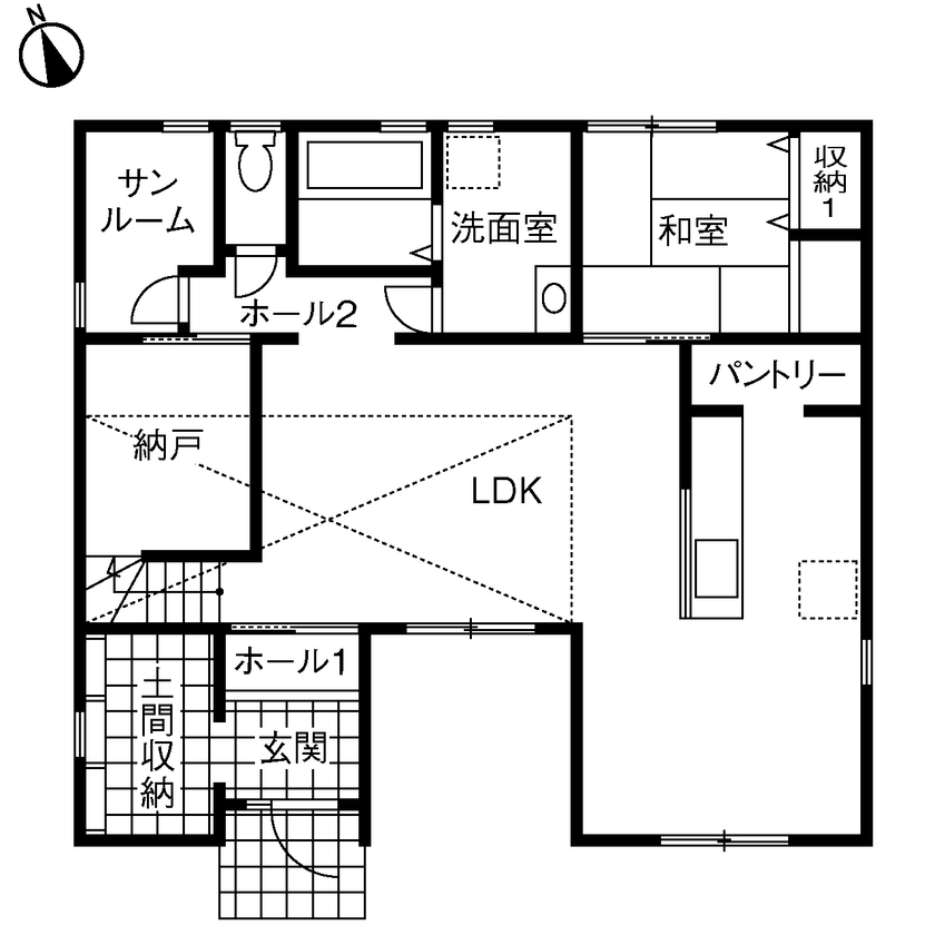 木暮らし工房サンハウス 【間取り図有／2000万円台前半／スキップフロア／子ども4人】スキップフロアを活用した一体感のある家の間取り図（5K以上）1階