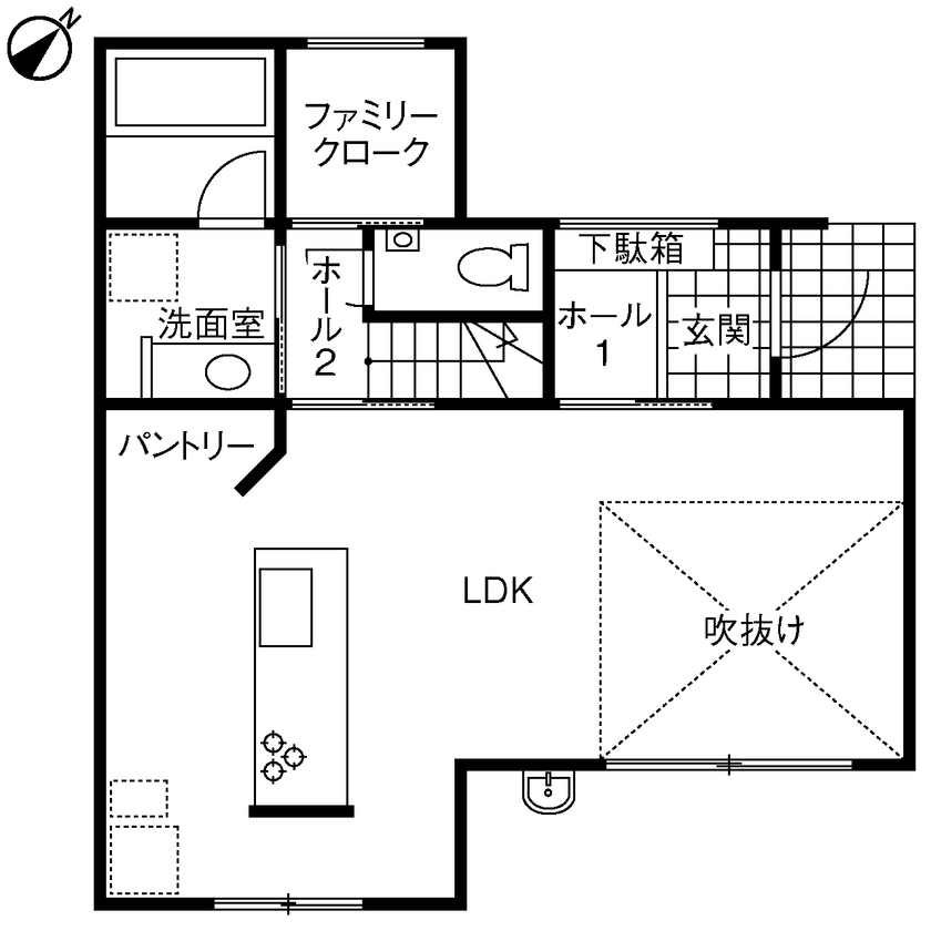 木暮らし工房サンハウス 【間取り図有／2000万円台前半／ペニンシュラキッチン／書斎】キッチンと床にこだわったおしゃれな家の間取り図（3LDK＋書斎）1階