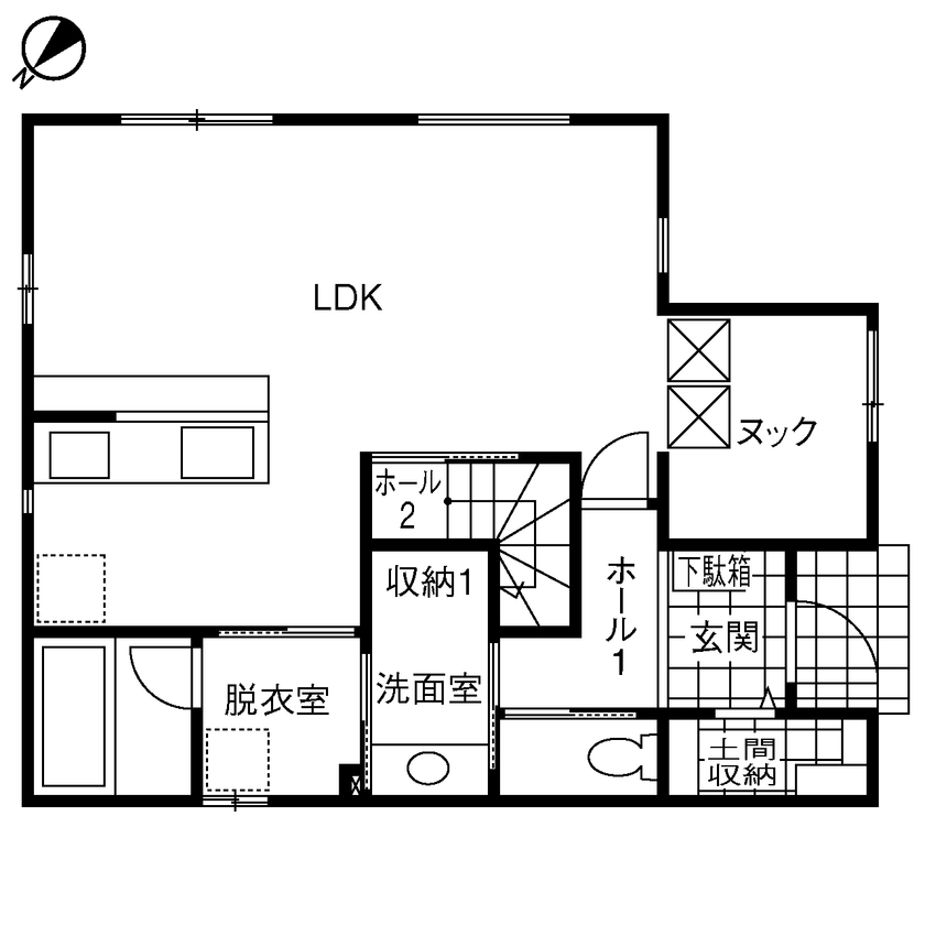 木暮らし工房サンハウス 【間取り図有／2000万円台前半／書斎／ヌック】小さな居場所を随所に設けた居心地のいい家の間取り図（2LDK＋ヌック＋書斎）1階