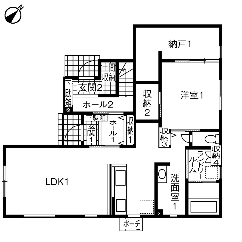 木暮らし工房サンハウス 【間取り図有／2000万円台後半／完全分離二世帯住宅】程よい距離感で仲良く暮らせるおしゃれな二世帯住宅の間取り図（1LDK＋3LDK＋納戸）1階