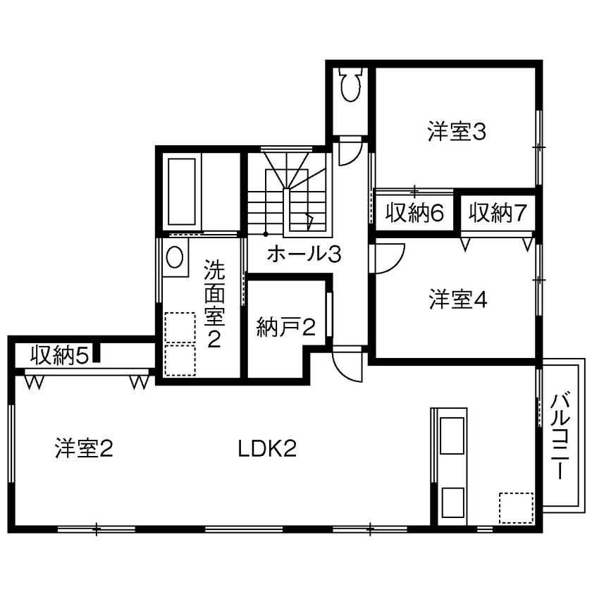 木暮らし工房サンハウス 【間取り図有／2000万円台後半／完全分離二世帯住宅】程よい距離感で仲良く暮らせるおしゃれな二世帯住宅の間取り図（1LDK＋3LDK＋納戸）2階