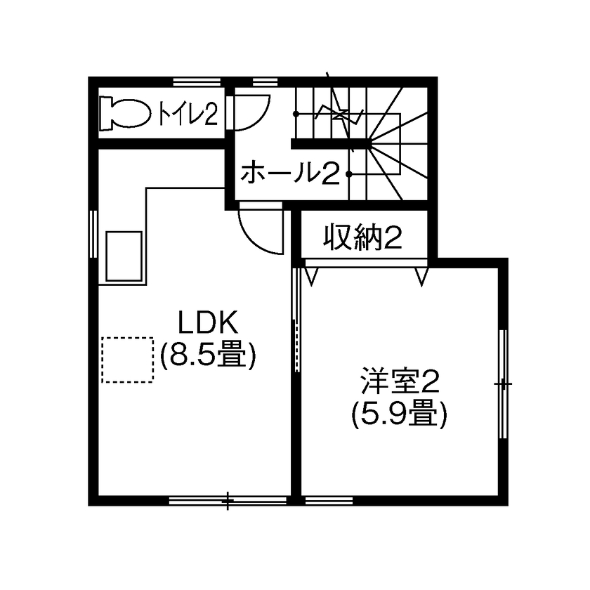 木暮らし工房サンハウス 【間取り図有／1000万円台後半／狭小地21.9坪】スペースを最大限活用、3世帯が快適に暮らせる家の間取り図（3LDK）2階