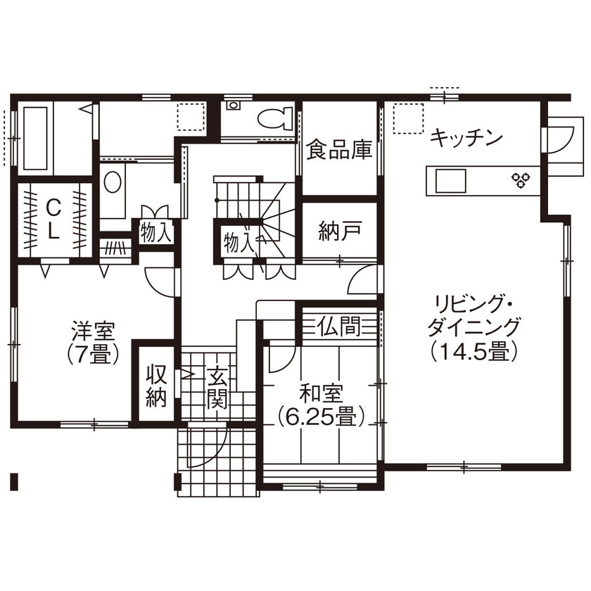 リンクワークス 【郡山市｜2530万円/延床43坪】吹抜けLDKが開放的な平屋ベースの家。用途に合わせた豊富な収納スペースは理想通りの間取り図（4LDK）1階