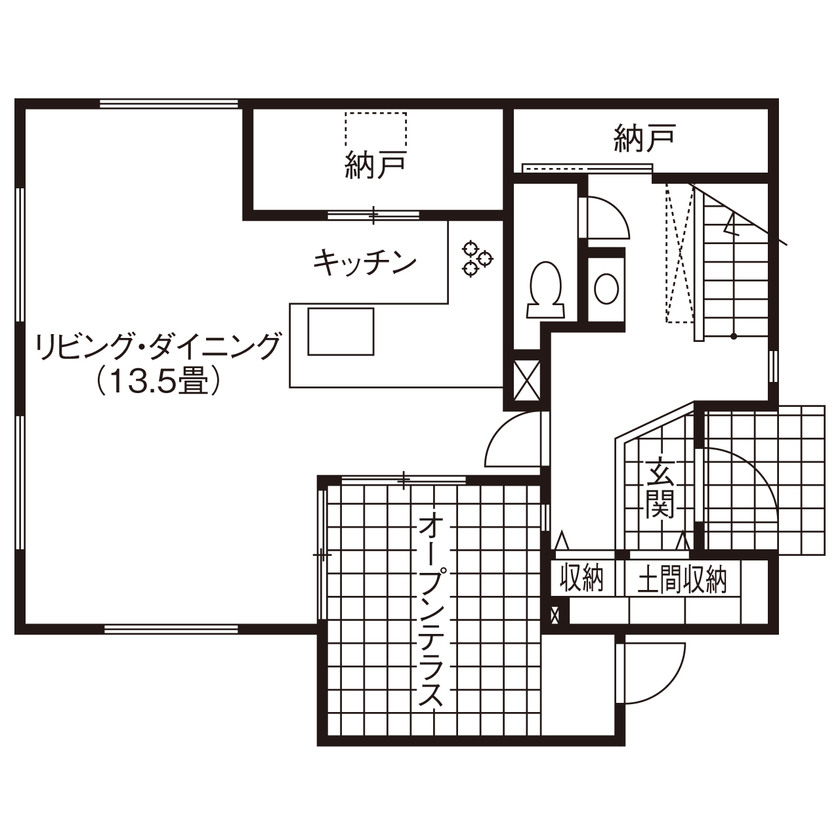 リンクワークス 【郡山市｜1800万円/延床32坪】生活感のない無機質なデザインや、外から見えない中庭を中心とした間取りが特徴の家の間取り図（3LDK）1階