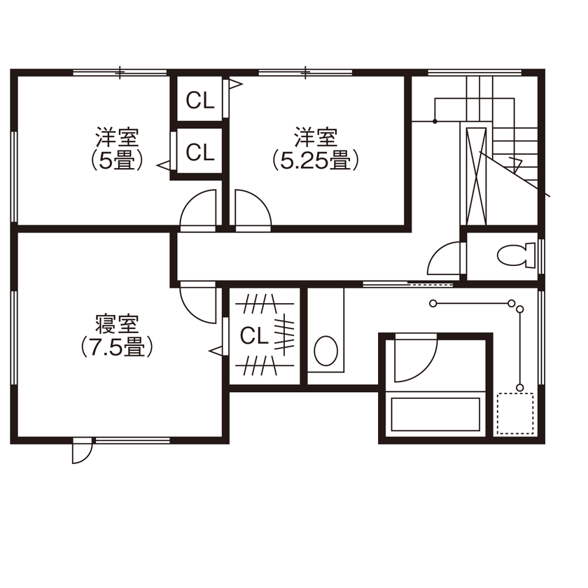 リンクワークス 【郡山市｜1800万円/延床32坪】生活感のない無機質なデザインや、外から見えない中庭を中心とした間取りが特徴の家の間取り図（3LDK）2階
