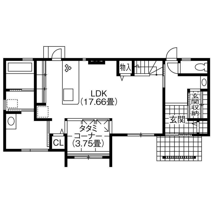 リンクワークス 【郡山市｜2150万円/延床36坪】ガルバ外壁×木目がスタイリッシュな家。キッチンや主寝室は間接照明でムーディーにの間取り図（4LDK）1階