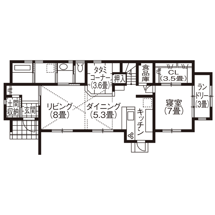 リンクワークス 【本宮市｜2200万円/延床36坪】青空を楽しめる開放的な吹抜けリビングが実現。大好きな電車が眺められる子ども部屋もの間取り図（4LDK）1階