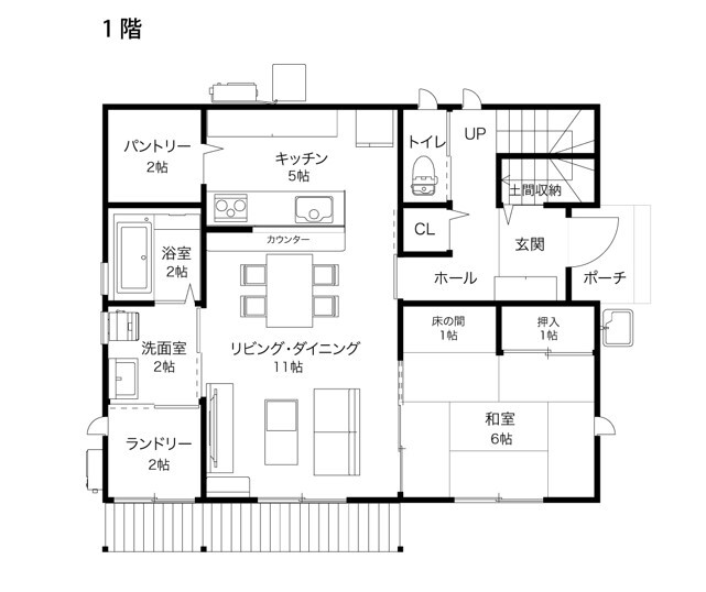 リンクワークス 【福島県｜1800万円台/延床34坪】快適なライフスタイルを求めて内外のかかわりを追求した住まいの間取り図（4LDK）1階