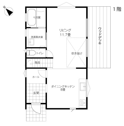 エルハウス（茅野市・諏訪市・松本市） 【3LDK２階建て】明るく開放感のあるリビングと土間風のキッチンが印象的な家の間取り図（3LDK（将来間仕切り））１階