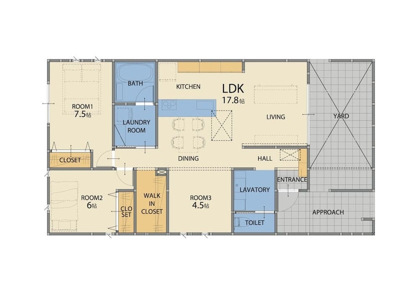 三和エステート 【2500万円～2999万円/夫婦+子供1人/26.3坪】「天窓の光と視線の抜けが心地いい、家族のための都市型平屋」の間取り図（2LDK＋フリースペース）１階
