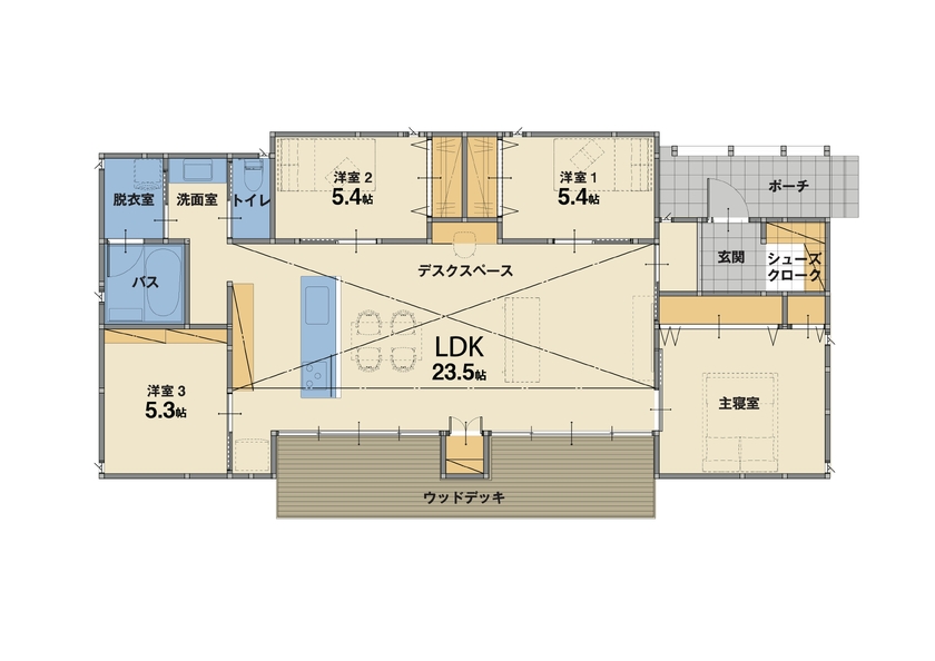 三和エステート 【27坪｜4LDK】この美しさが、ずっと続く。深い軒と直線美の平屋の間取り図（4LDK）１階