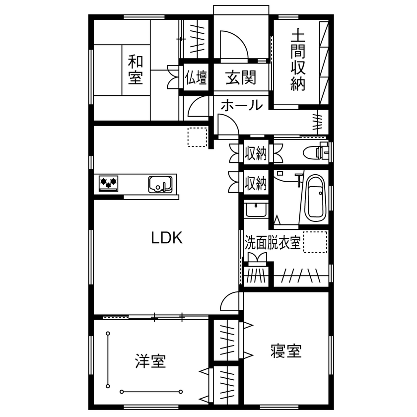 福建ホーム 【1000万円台×平屋×25坪｜間取り】勾配天井のリビングが開放的。2人暮らしにちょうどいいコンパクト平屋の間取り図（3LDK）1階