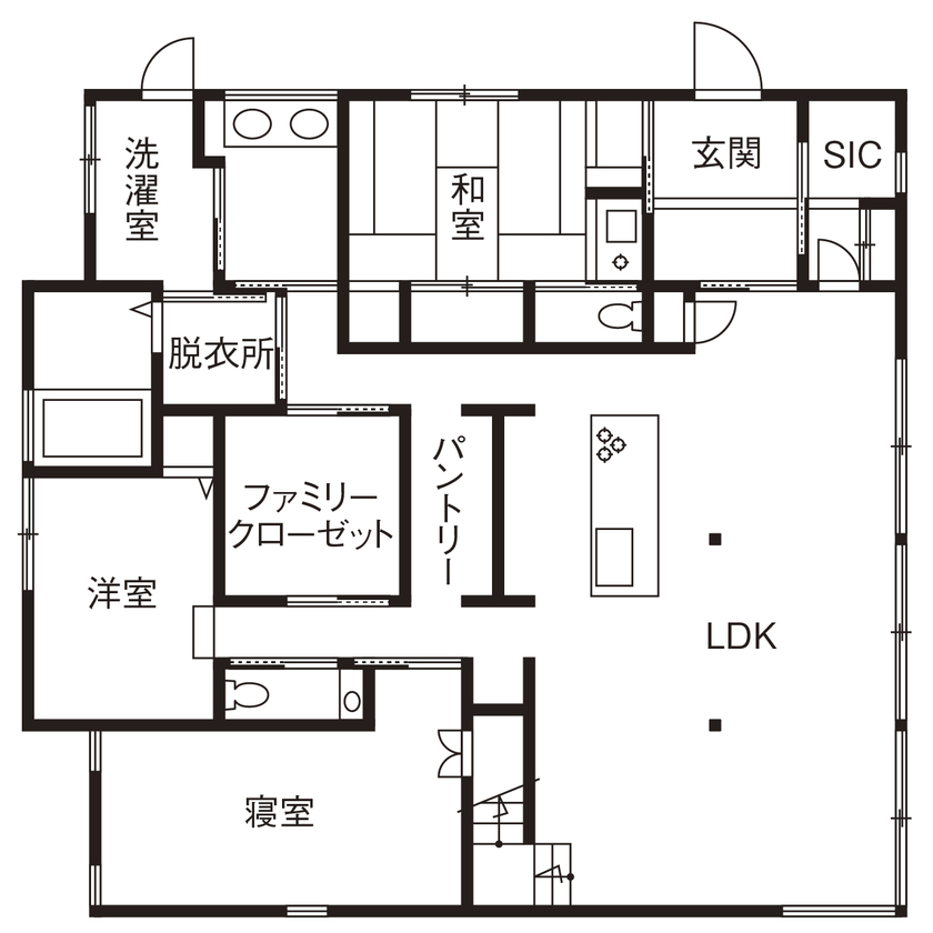 フロックス 【奈良/土地探し/間取り図有】ガジュマルの木が茂る吹き抜けリビング、サウナ、古民家風の外観の間取り図（７LDK）1階