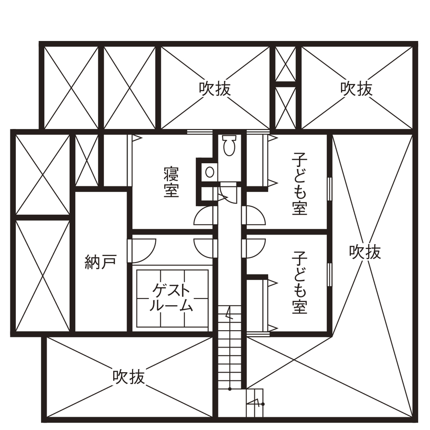 フロックス 【奈良/土地探し/間取り図有】ガジュマルの木が茂る吹き抜けリビング、サウナ、古民家風の外観の間取り図（７LDK）2階