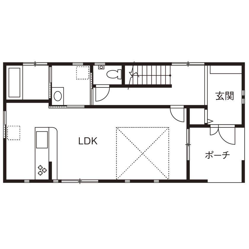 フロックス 【大阪/2000万円台/延床50坪/間取り図有】シンプルモダンなかっこいい外観と吹き抜けのあるお家の間取り図（3LDK）1階