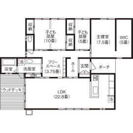 thinks  コンパクトに、自分らしく。 遊び心あふれる平屋スタイルの間取り図null１階
