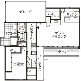thinks  【3,200万円台/ナチュラルモダン】ガレージ、薪ストーブ、自然素材。コーディネートで魅せる大人の空間の間取り図（4LDK）1階