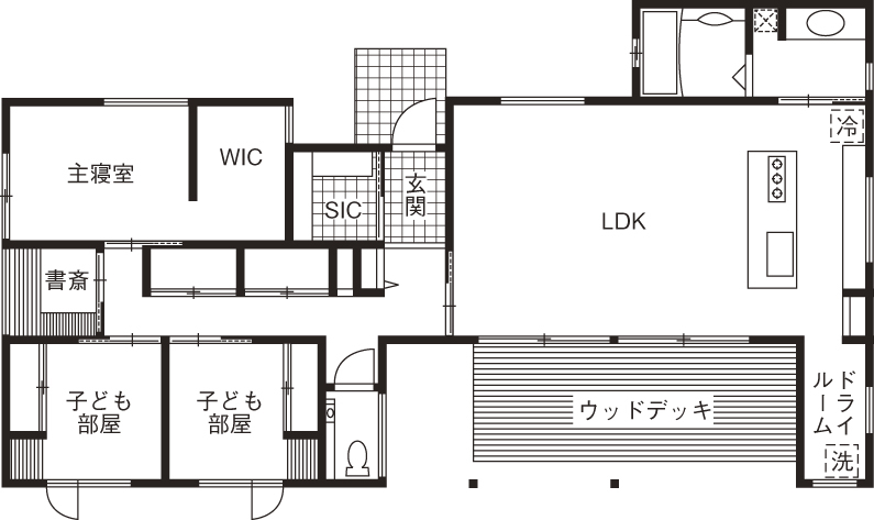 thinks  【平屋】細部まで宿る美しさと機能性。外を巧みに取り入れた家の間取り図（3LDK）１階