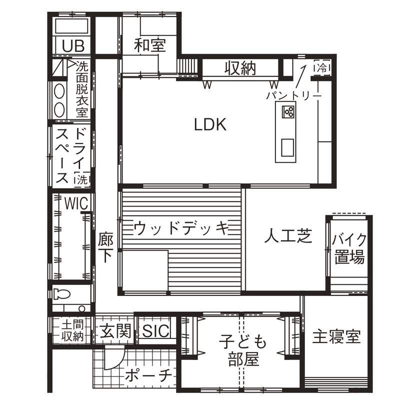 thinks  【平屋/3,500万円台/シンプルモダン/ガレージ】アウトドアリビングで家族との時間を愉しむロの字型の家の間取り図null1階
