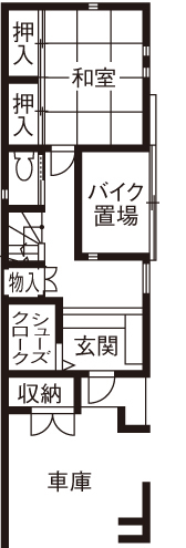 桝田工務店 【2000万円台|3階建て|ビルトインガレージ|間取り図有】間口3.5ｍの狭小地でもモダンで広がりのあるお家の間取り図（4LDK）１階