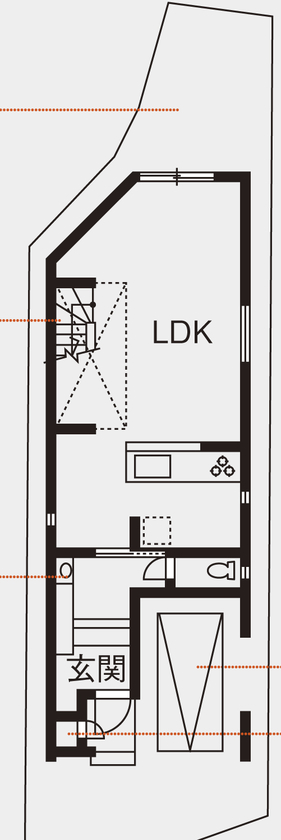 桝田工務店 【大阪市内|1900万円台|2階建て|27坪|間取り図有】リビング階段と収納に優れたオーダー家具がかわいいお家の間取り図（3LDK）1階