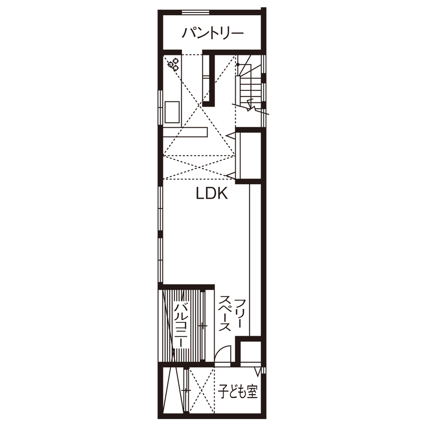 桝田工務店 【大阪市内|2000万円台|2階建て|狭小地25.6坪|間取り図有】プライベートバルコニー＆バスコートのあるお家の間取り図（2LDK）2階