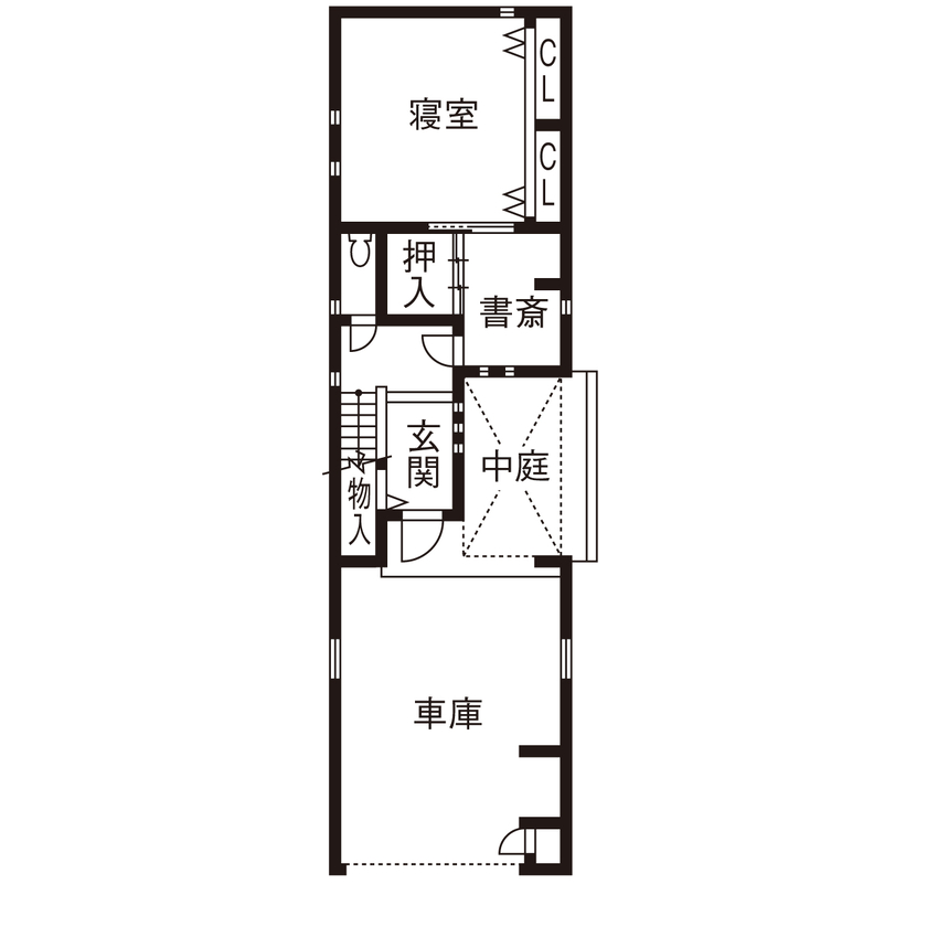 桝田工務店 【大阪市内|3階建て|2階リビング|間取り図有】中庭を中心に光と風を家中に届ける開放的な住まいの間取り図（4LDK＋書斎）1階