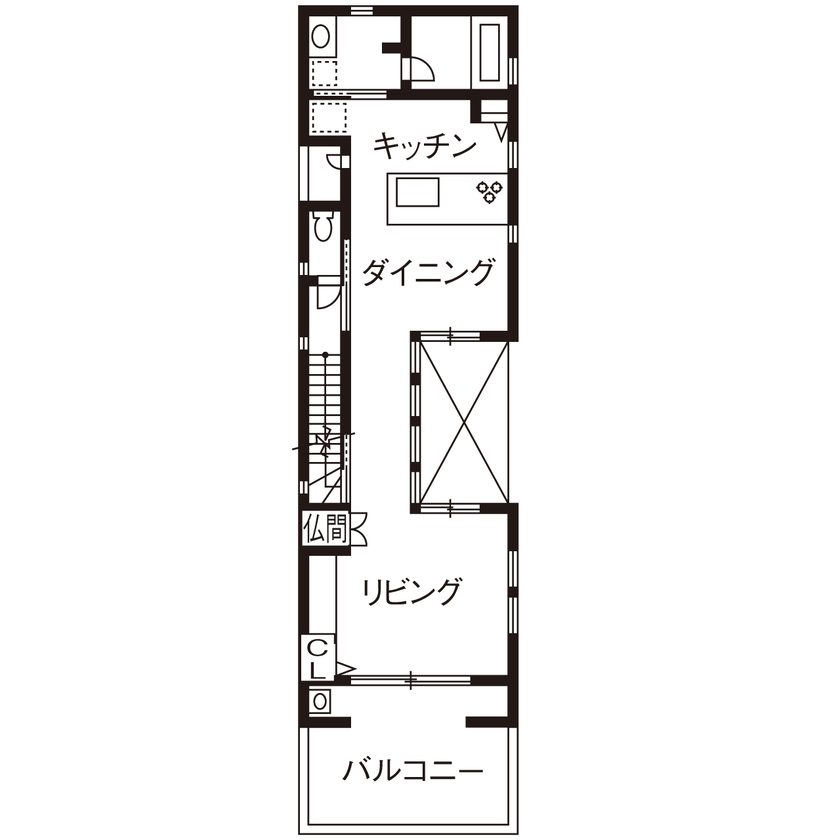 桝田工務店 【大阪市内|3階建て|2階リビング|間取り図有】中庭を中心に光と風を家中に届ける開放的な住まいの間取り図（4LDK＋書斎）2階