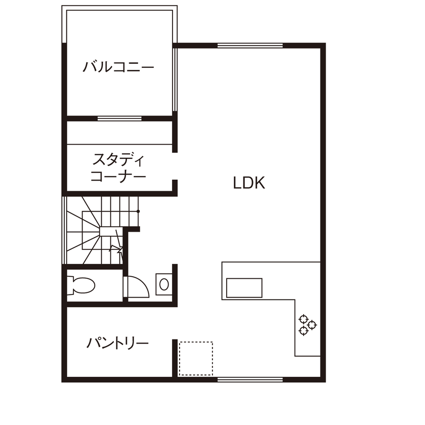 桝田工務店 【八尾市|3000万円台|2階建て|間取り図有】家族が自然と集う2階LDK。広々キッチンで毎日の料理が楽しい家の間取り図（3LDK）2階