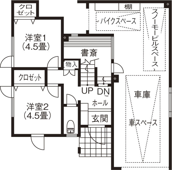 maida koumuten 【ビルトインガレージ/札幌市/3LDK/間取り】暮らす楽しさを満喫できるビルトインガレージのある家の間取り図（3LDK）1階