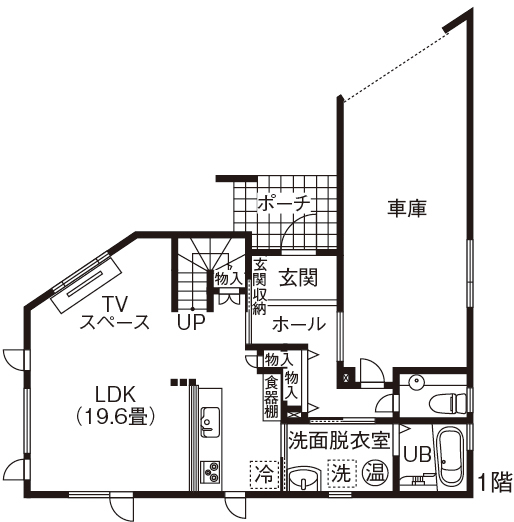 maida koumuten 【ビルトインガレージ/北広島市/3LDK/間取り】ビルトインガレージ×アメリカンビンテージの家の間取り図（3LDK）1階